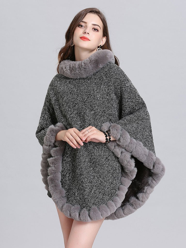 Women Woolen Poncho Faux Fur Shawl Collar Oversized Winter Coat