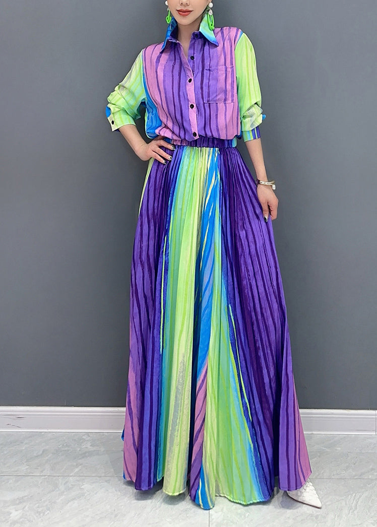 Gradient Color Striped Cotton Women Pleated Sets 2 Pieces Fall