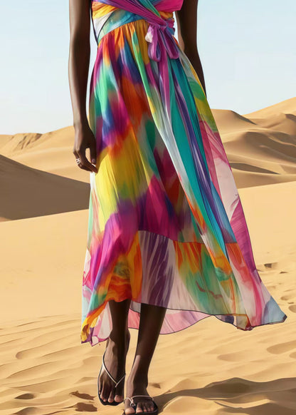 Women Rainbow Tie Dye Chiffon Spaghetti Strap Dress Summer