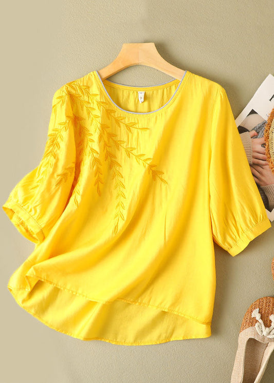 Plus Size Yellow Solid Color O-Neck Embroideried Linen Top Half Sleeve