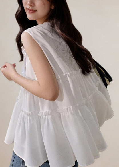 Elegant White O-Neck Ruffled Cotton Tanks Sleeveless