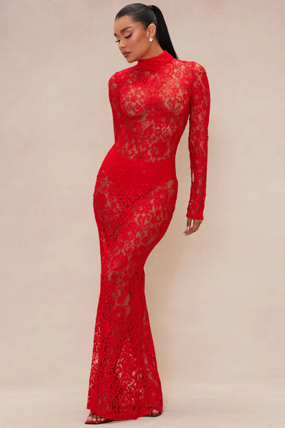Sexy Long Sleeve round Neck Lace See-through Dress