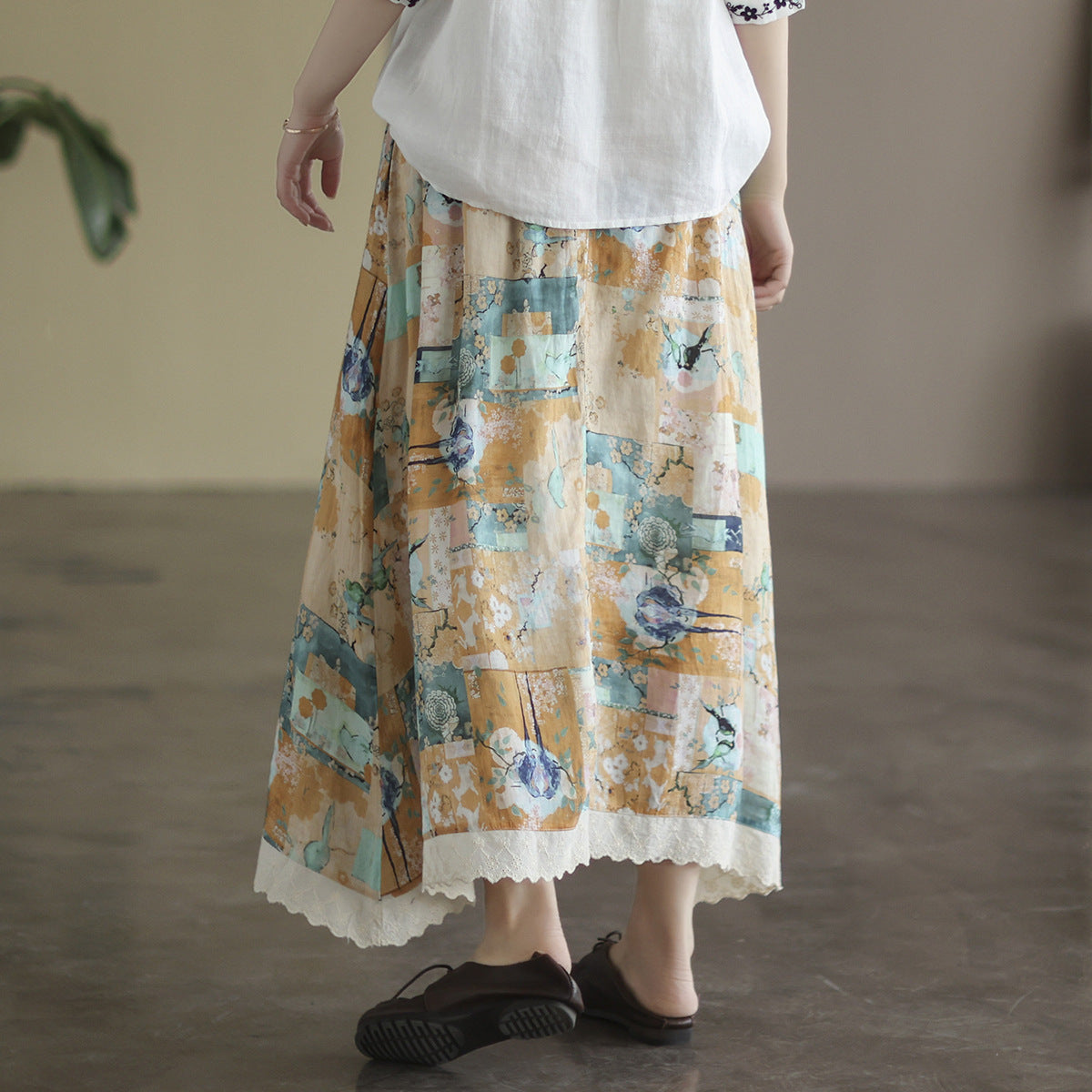 Retro Linen Print Cozy Loose Plus Size A-Line Trimmed Skirt