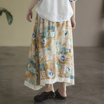 Retro Linen Print Cozy Loose Plus Size A-Line Trimmed Skirt