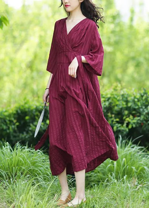 Style v neck tie waist linen clothes Fashion Ideas burgundy Dresses