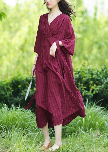 Style v neck tie waist linen clothes Fashion Ideas burgundy Dresses