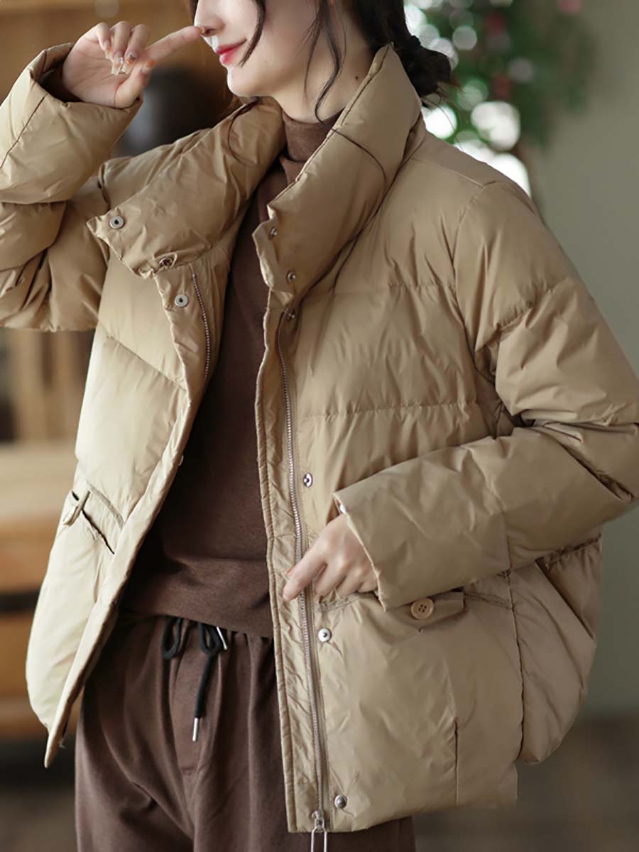 Women Casual Zipper Pocket Solid Warm Down Coat