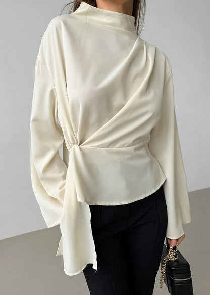 Elegant Beige Turtleneck Wrinkled Chiffon Shirt Fall