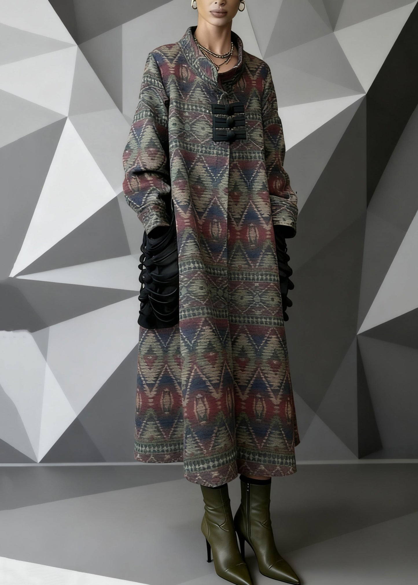 Vintage Print Pockets Patchwork Woolen Long Coat Spring