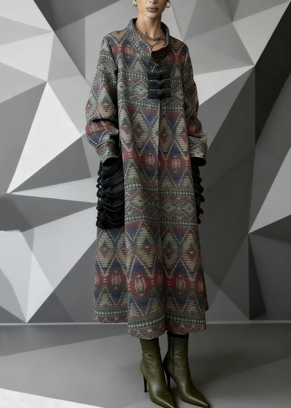 Vintage Print Pockets Patchwork Woolen Long Coat Spring