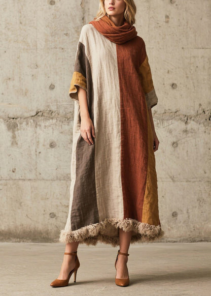 Simple Colorblock Oversized Patchwork Faux Fur Maxi Dresses Summer