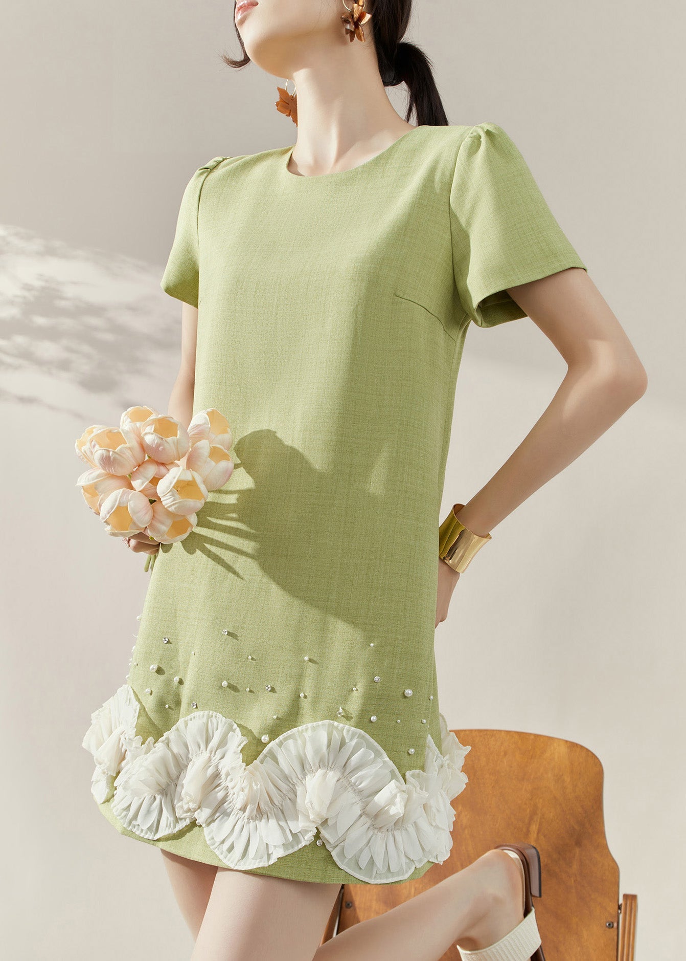 Stylish Green O-Neck Floral Mid Dresses Short Sleeve