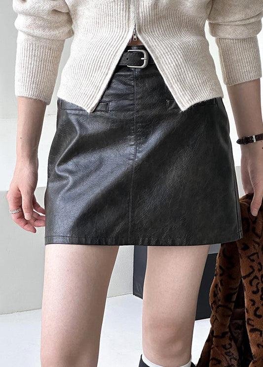 Black Solid Zippered Faux Leather Skirt High Waist