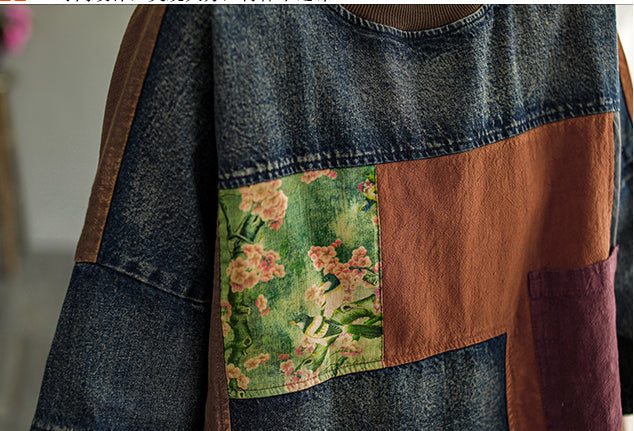 Vintage Plus Size Print Denim Panel Doll Sleeve T-Shirt