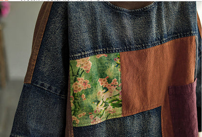 Vintage Plus Size Print Denim Panel Doll Sleeve T-Shirt