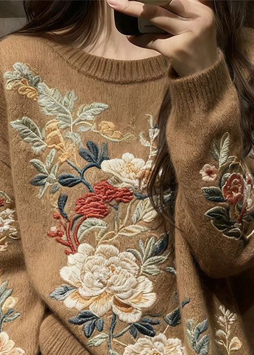 Brown Floral Cozy Knit Knit Sweaters O Neck Fall