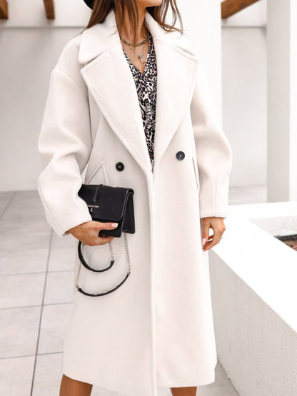 Women's Coats Solid Lapel Button Long Wool Coat