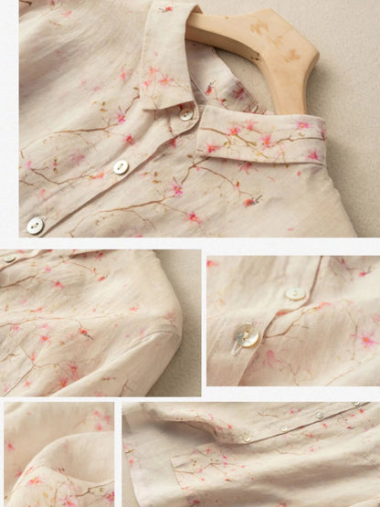 Floral Print Long Sleeve Casual Linen Shirt Top