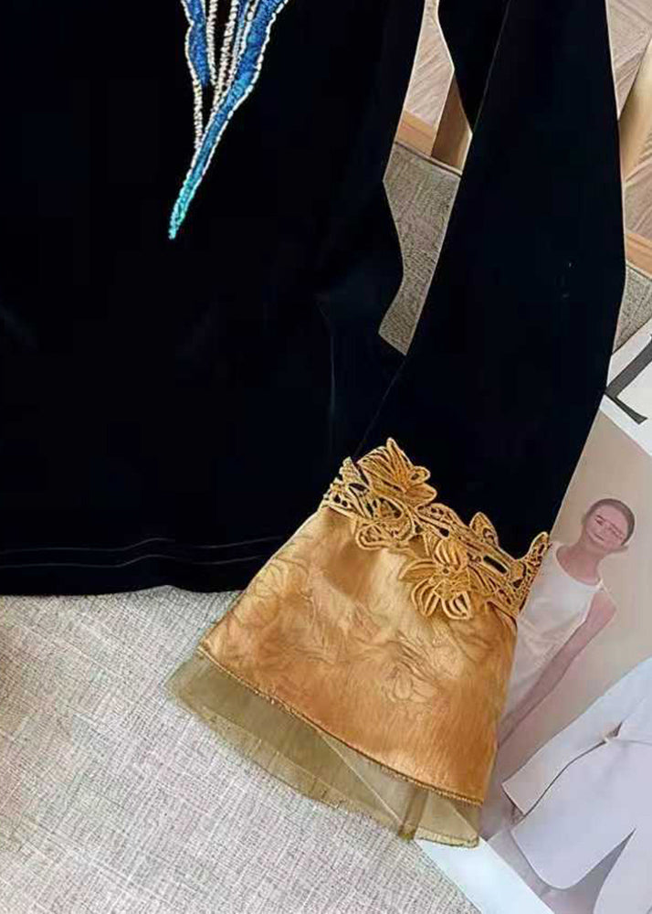 Women Black Embroidered Floral Silk Velour Blouses Flare Sleeve