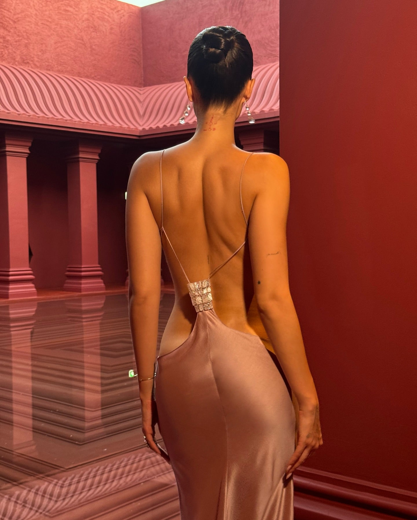 Dusty Rose Satin Beaded Cutout Maxi Gown