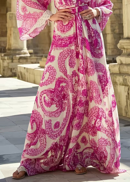 Bohemian Rose Print Exra Large Hem Chiffon Vacation Dresses Spring