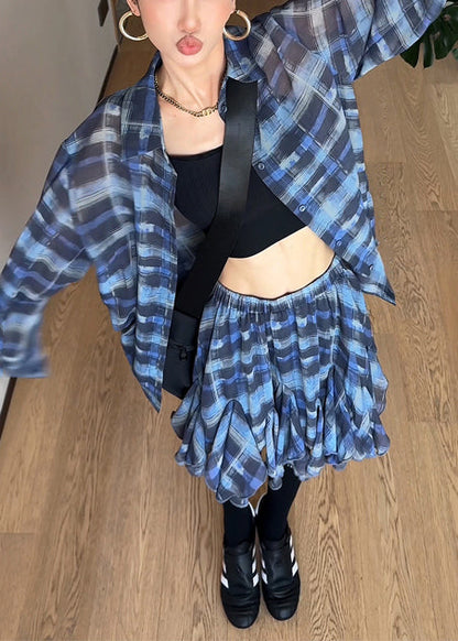 Modern Blue Oversized Plaid Chiffon Two Piece Set Outfits Summer