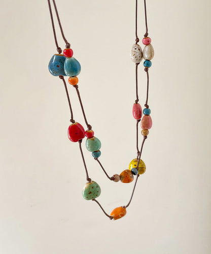 2025 Rainbow Wax Rope Ceramic Double-Layer Pendant Necklace
