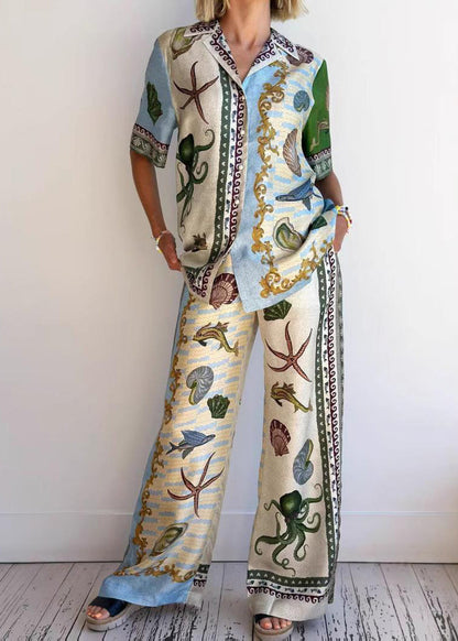 Plus Size Print Shirts And Wide Leg Pants Two Piece Set Summer