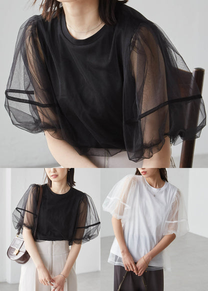 Boho White Puff Sleeve Patchwork Tulle Tanks Summer