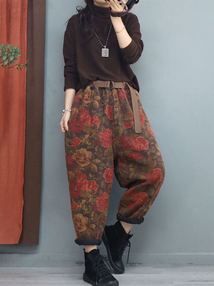 Vintage Flower Print Elastic Waist Harem Pants With Belt
