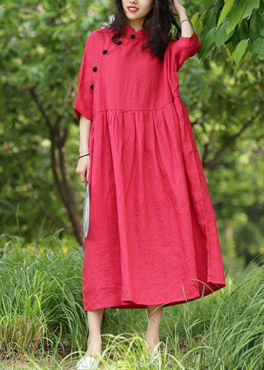 Bohemian red cotton Tunics stand collar Cinched A Line Dresses