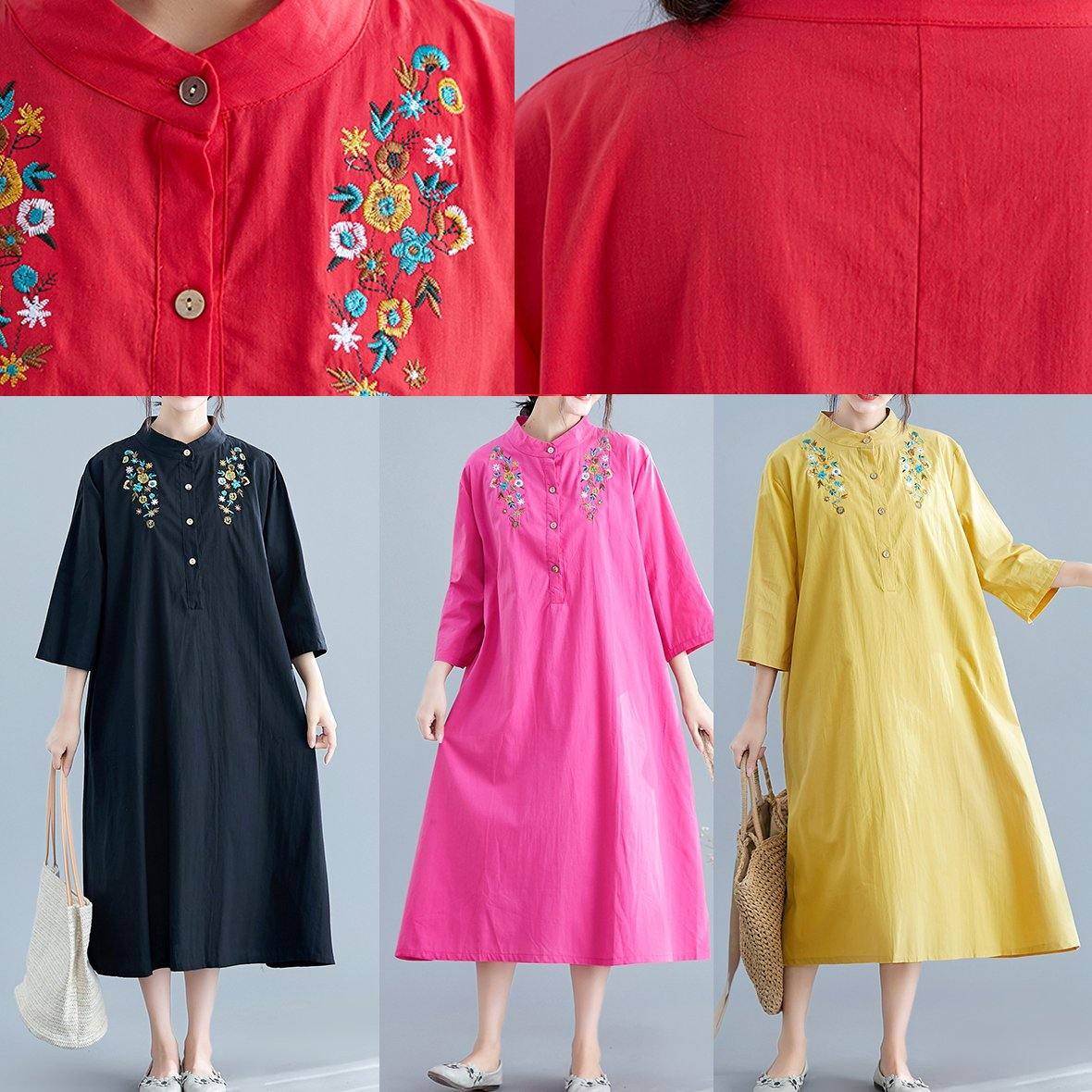 Elegant stand collar pockets cotton tunics for women Work Outfits red embroidery Maxi Dresses summer