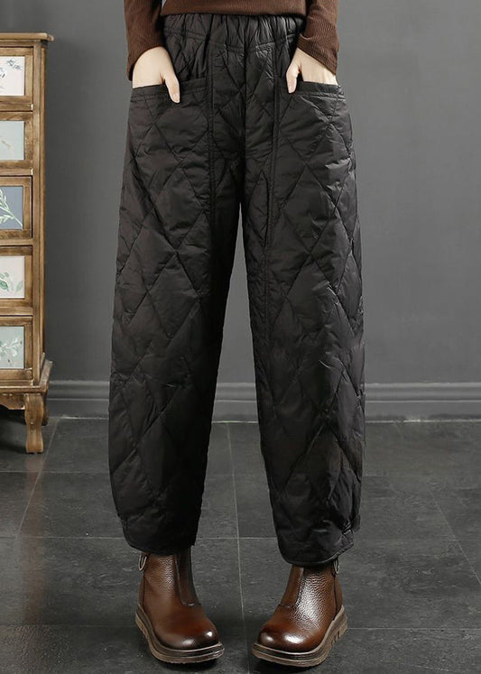 White Plaid Pockets Fine Cotton Filled Winter Beam Pants Elastic Waist