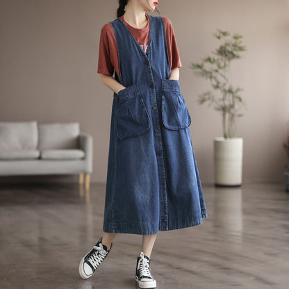 Mid Length Sleeveless Large Pocket V-Neck Plus Size Dress