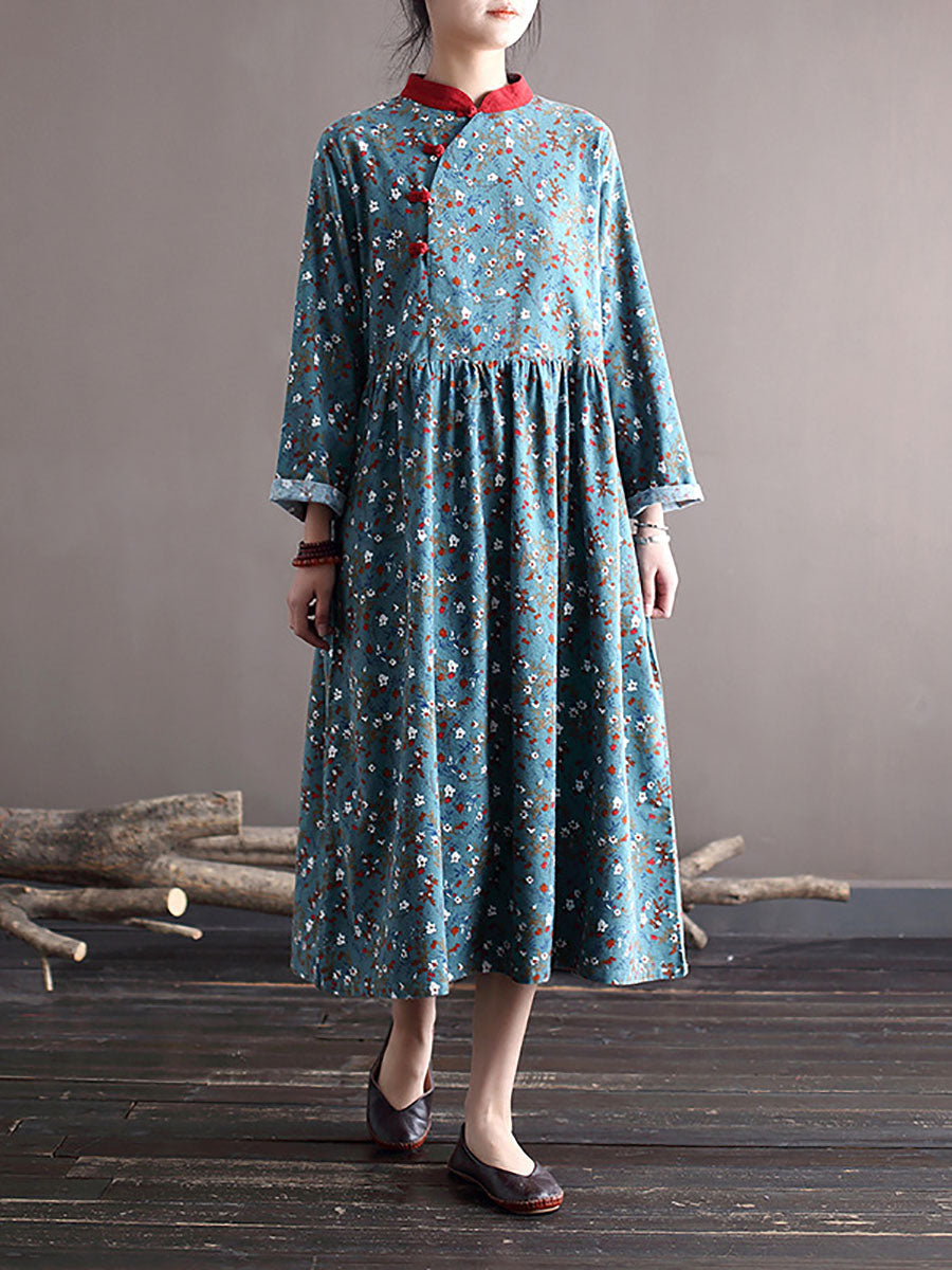 Women Spring National Style Floral Frog Loose Dress