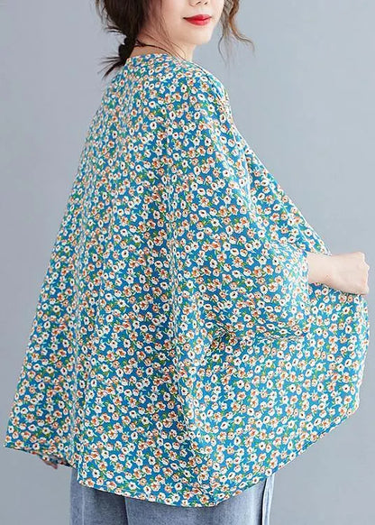 French v neck Batwing Sleeve Blouse Shirts blue floral blouse