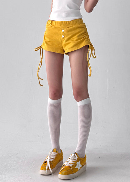 Yellow Cinched Solid Cotton Summer Shorts Elastic Waist