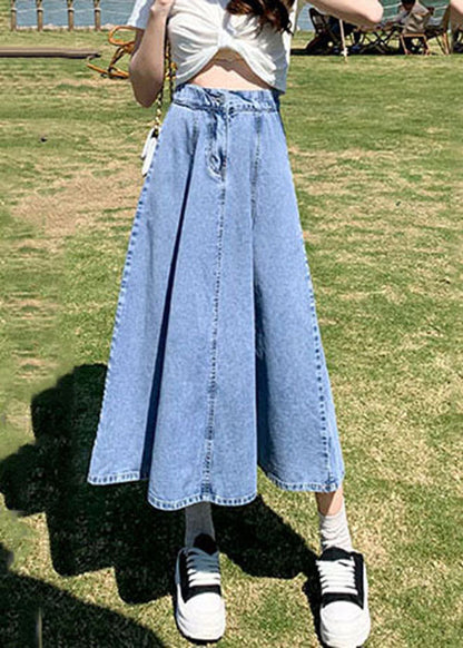 Classy Denim Light Blue High Waist Patchwork Button Cotton A Line Skirts Cozy