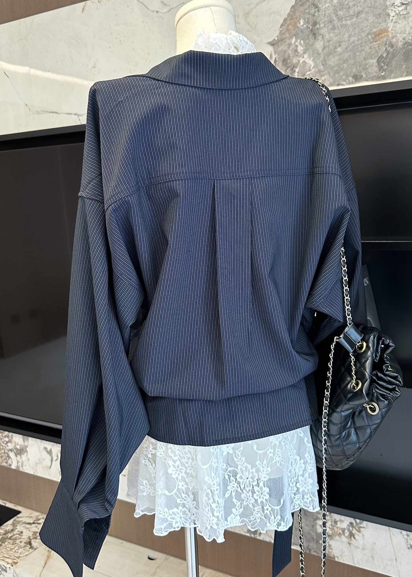 Striped Navy Peter Pan Collar Shirts And Lace Tank Cotton Two Pieces Set Fall