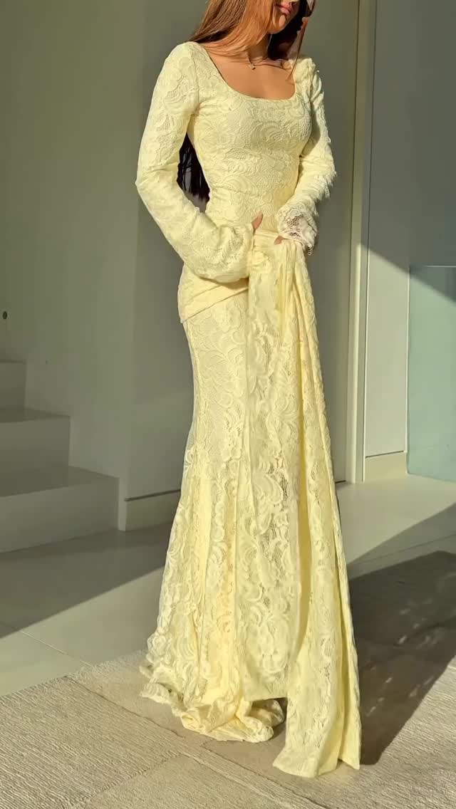 Sexy U Collar Long Sleeve Solid Color Lace-up Dress