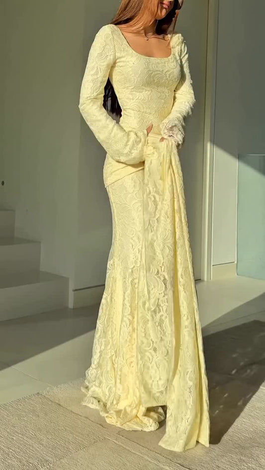 Sexy U Collar Long Sleeve Solid Color Lace-up Dress