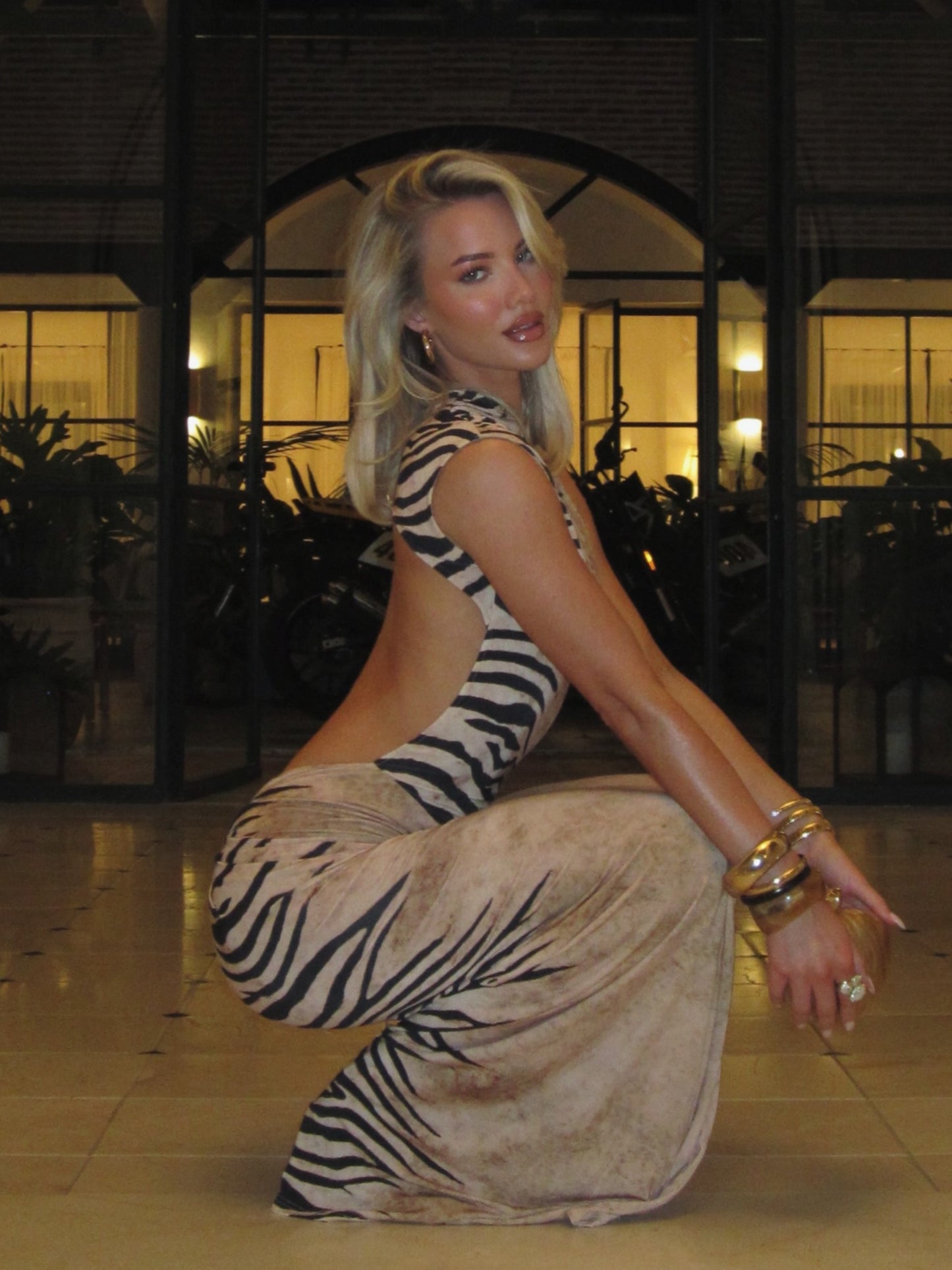 Asymmetric Turtleneck Zebra Print Open-Back Bodycon Maxi Dress