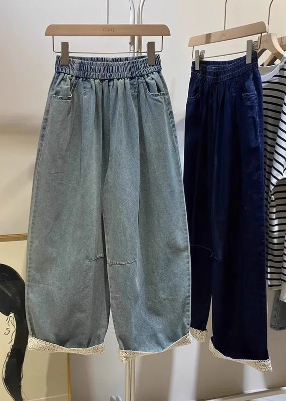 Casual Light Blue Pockets Elastic Waist Crop Jeans Fall