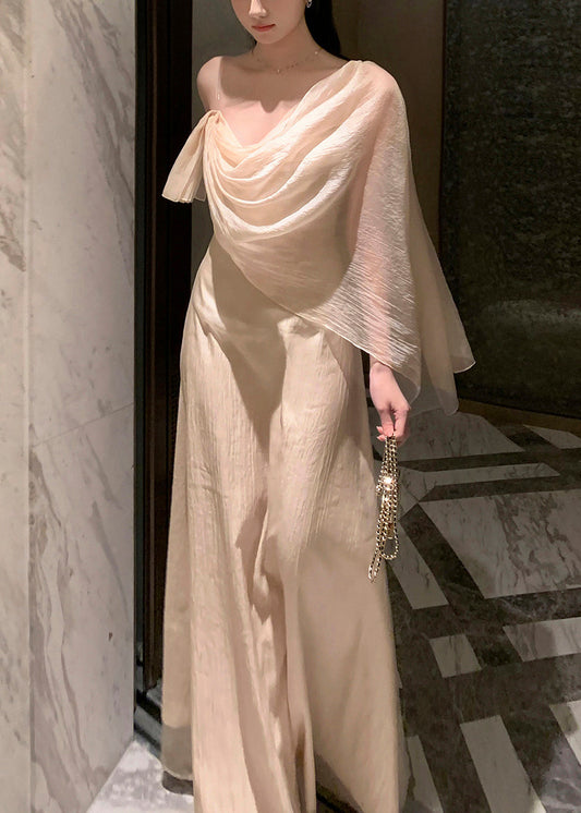 Elegant Apricot Asymmetrical Solid Silk Maxi Dresses Summer