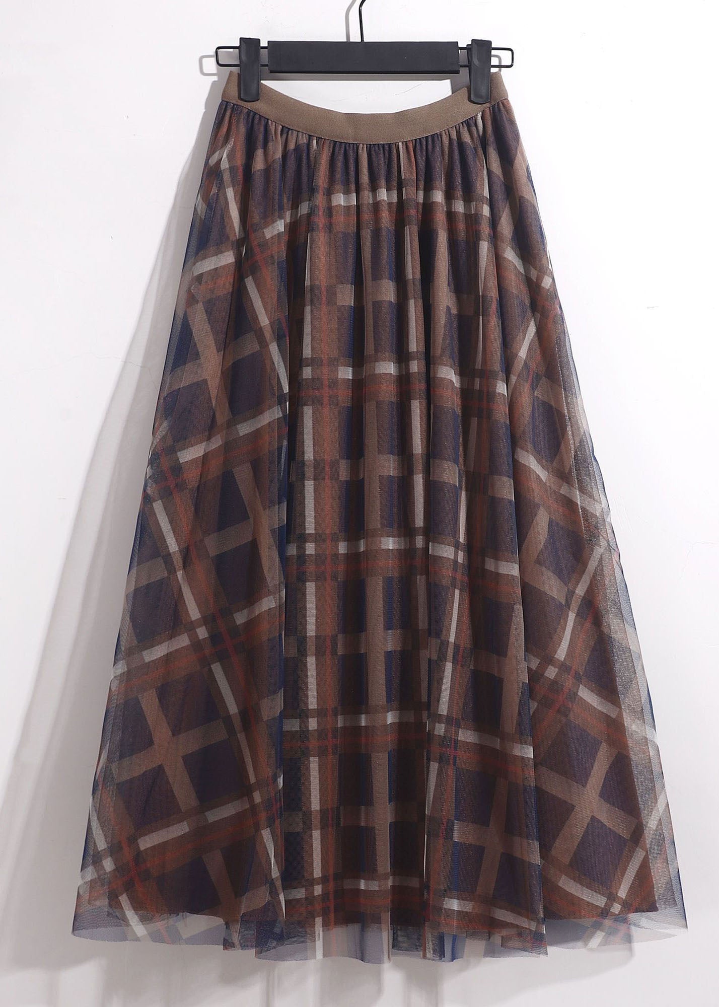Coffee Plaid Tulle A Line Skirt High Waist Spring