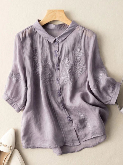 Embroidered Half Sleeve Casual Linen Shirt Top