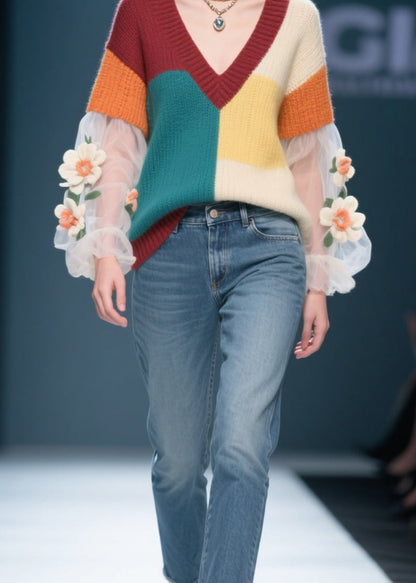 Women Colorblock Floral Tulle Patchwork Knit Sweater Fall