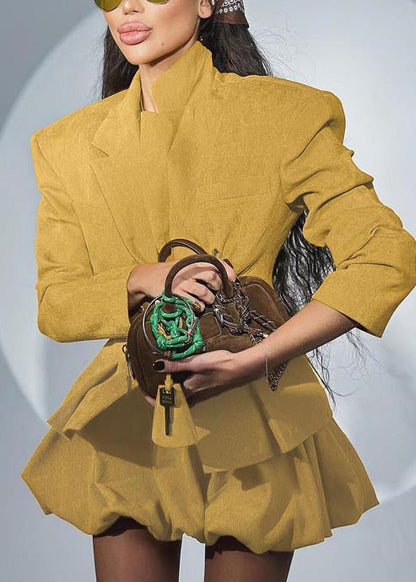Yellow Silm Fit Cotton Coats And Skirts Women Sets 2 Pieces Spring