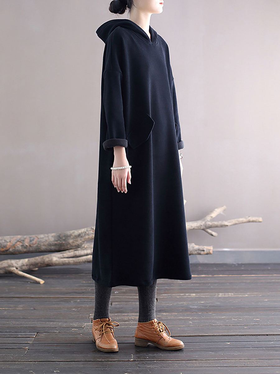Women Winter Casaul Solid Loose Thick Hooded Dress