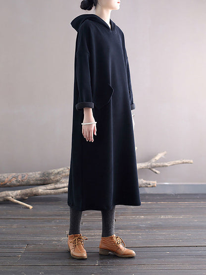 Women Winter Casaul Solid Loose Thick Hooded Dress